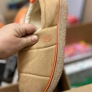 Vera Cosy Tan Slippers with Orange Trim/hard bottoms